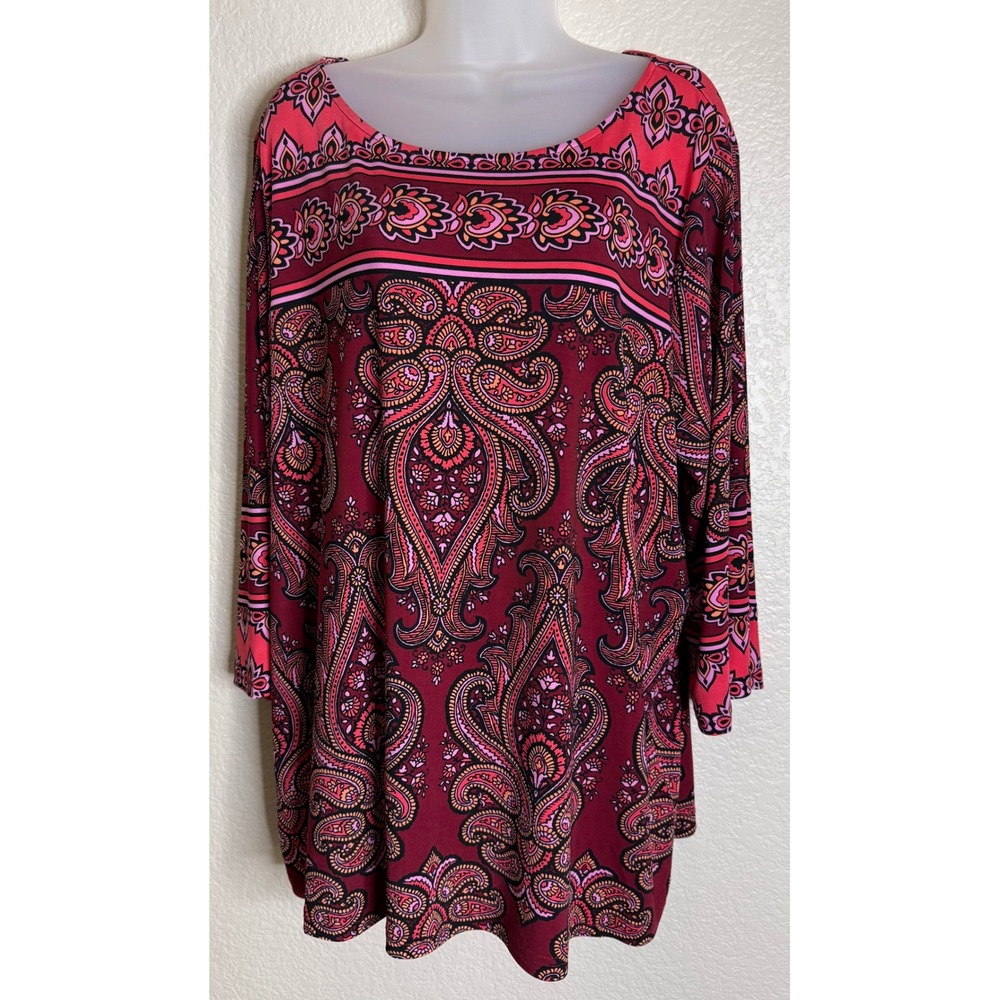 Bob Mackie Womens 2X Tunic‎ Top Burgundy Pink Paisley 3/4 Sleeve Wearable Art
